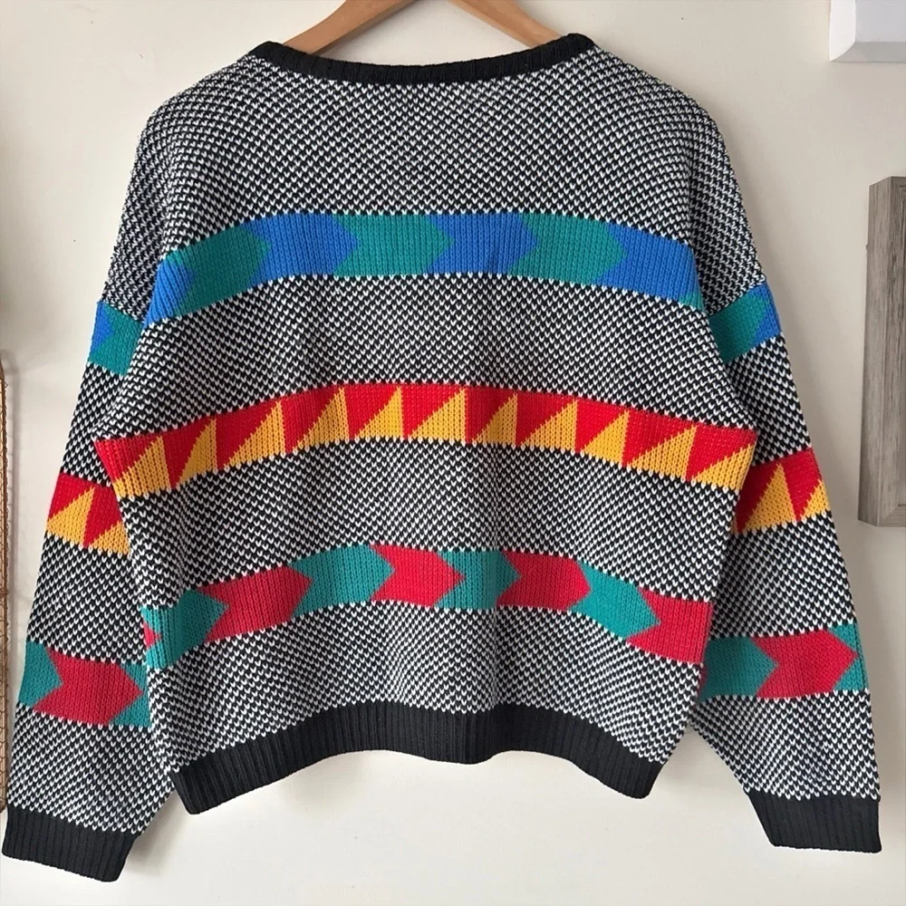 Vintage 80s 90s Southwestern Geometric Graphic Knit Sweater Adele Made USA Sz XL